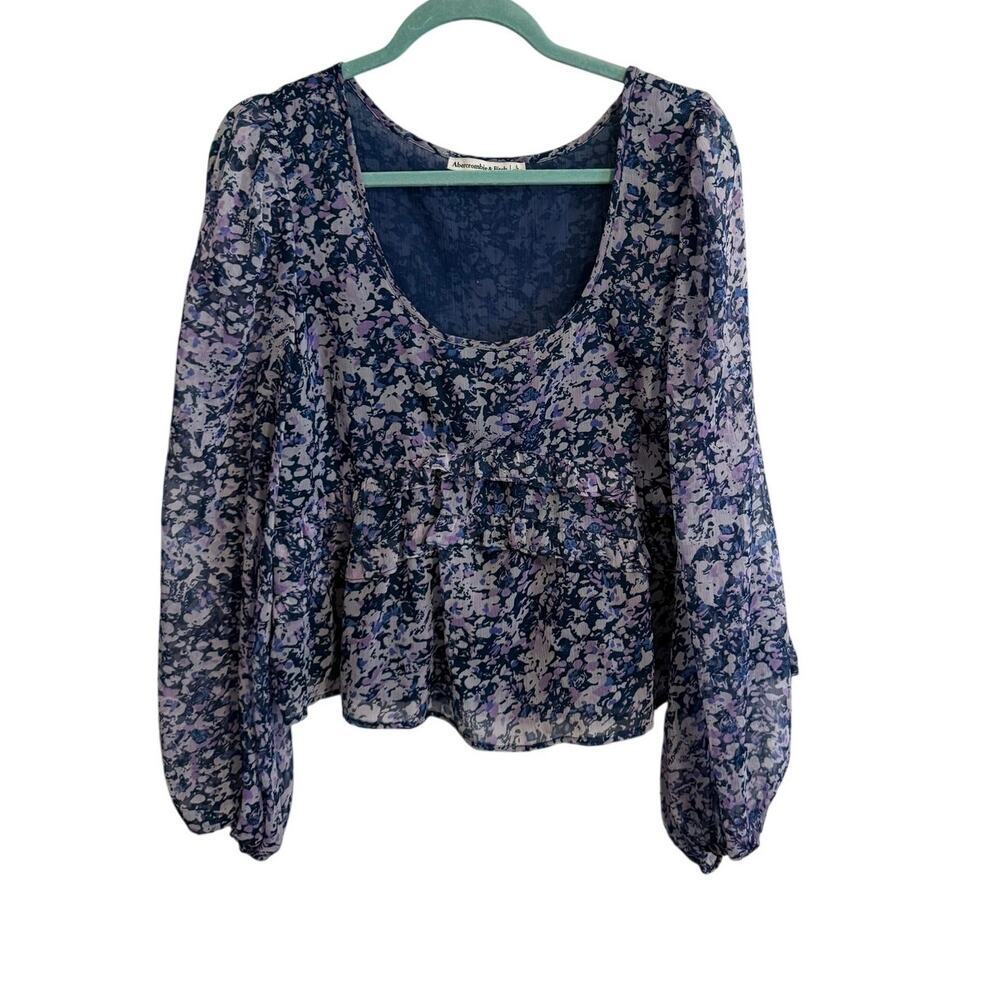 ABERCROMBIE AND FITCH FLORAL SEMI-SHEER BLUE PURPLE  PEASANT TOP - LARGE